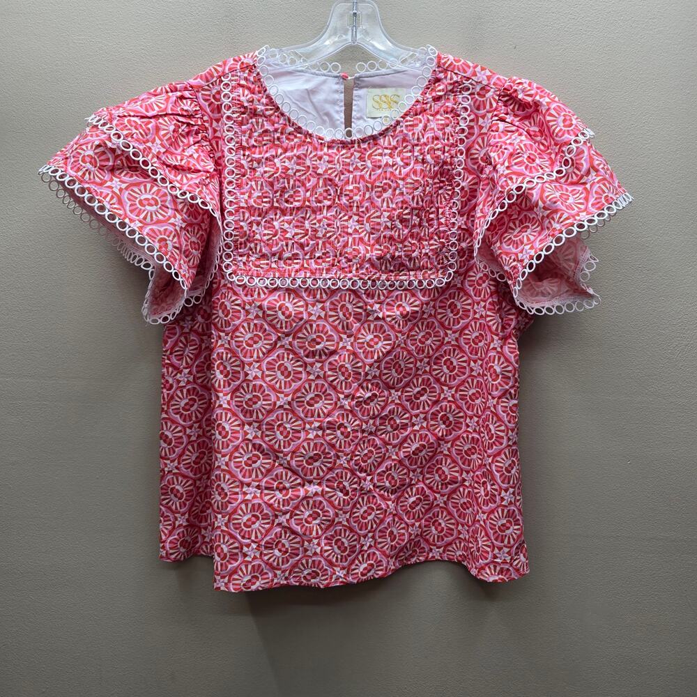 SSYS the Label Blouse Top Size XL Lace Trim Pink/Orange Print Cotton Popover - Picture 1 of 8
